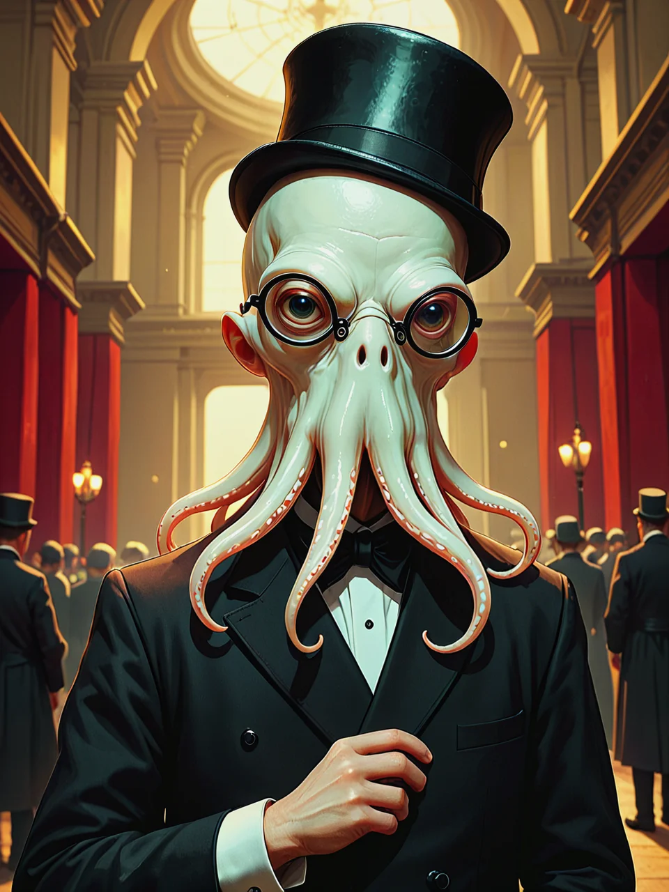 Squid face, wearing a tophat, at the opera. (Wearing glasses:1.9).
<lora:SquidFace01_CE_XL_300-OT:0.6> sqdfceCE_style