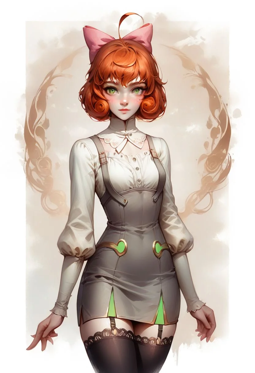 Faded Headshot, faded bottom, faded edges ,score_9,score_8_up,score_7_up,score_6_up,score_5_up,
1girl, Penny Polendina, \(RWBY\),(ultra HD quality details), green eyes, ginger hair,
short hair,
gorget, grey dress, short dress, pencil skirt, neon trim, gold trim, white blouse, long sleeves, black thighhighs, pink bow,
perfect anatomy, perfect face, abstract beauty, beautiful, centered, looking at the camera, approaching perfection, dynamic, moonlight, highly detailed, watercolor painting, artstation, concept art, smooth, sharp focus, illustration,
small breasts,