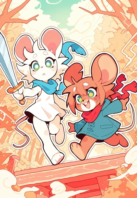 perfect eyes, S4bit4mago_illu, anime style, s0wasow4rt_illu, <lora:sowasowart_style-000016:1>,s0wasow4rt_illu, thin white outline, duo, 2 girls, mouse girl, anthro mouse girl, cute, orange eyes, hooded, blue scarf, day, forest, walking, walking across bridge, sunny day, curled up, scarf flowing in wind, holding sword handle, (short hair), coat, tunic, scar on eye, (white fur), (furry), bottomless, rushing river below, holding sword close, white dress, barefoot, bottomless, focused, amazing quality, intricate details ,at an angle, dynamic angle, thinking, flowing hair, thin black outline thin, white outline, abstract masterpiece, sharp detail, intricate detail, flowing hair, thin white outline, thin black outline,, limited palette, BREAK duo, anthro mouse girl, walking, together, mouse tail, cute, green eyes, hooded, red scarf, white dress, brown fur, bottomless, surprised, raised arm, smile, talking, pointing excitedly,