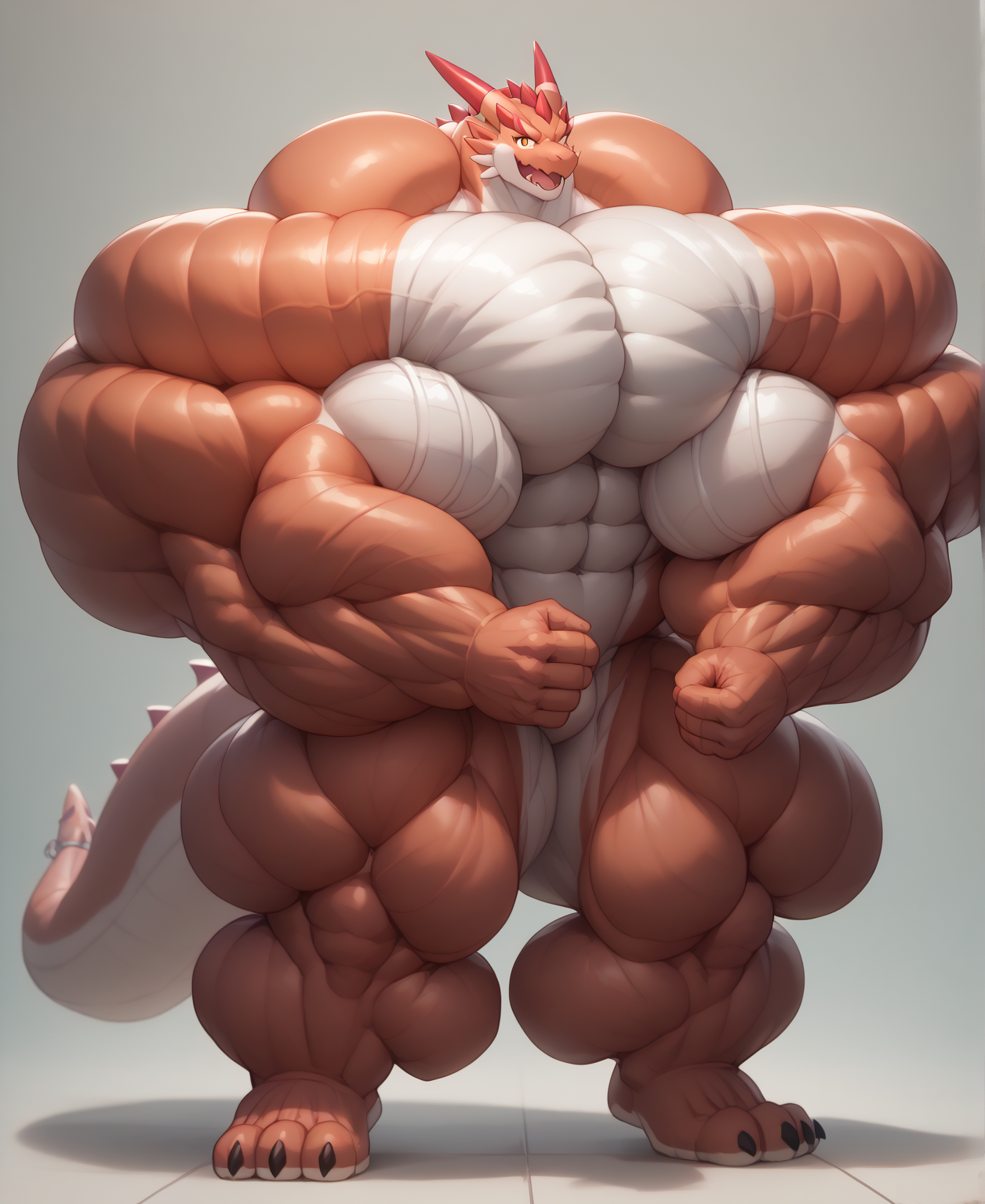 score_9, score_8_up, score_7_up, Fursuit Dragon, Super Furry, Super Dragon, Super Dragon muscles, Male Dragon, Hyper Giant bigger body type, With Giant Muscles Body, Hyper Muscles Dragon, Hyper Muscular Dragon, Hyper Heavyweight Muscles, hyper muscles bigger, hyper gigantic muscles, hyper muscles pumping, hyper muscles developed, Heavyweight muscles continue to pump, ((head swallowed by super Muscles break limit)), Whole Body Hyper Muscles Power Up, Hyper Legs Muscles Power Up, Muscle Pump Breakthrough boundaries, whole body muscle pump is larger, Dragon Show off muscle strength, Dragon Verys full Muscles break limit, Dragon Strengthen Muscles break limit, Dragon Body Very Lots of muscle tissue, Super Muscles break limit Dragon Verys Pumping, Dragon bodybuilding show out of all Muscles break limit, hyper Muscles break limit buff, hyper Muscular break limit, fursuit Muscles break limit, eight-pack abs, Full body Muscles break limit are verys bulge, Full body Muscles break limit bulge verys super gigantic, Muscular break limit Arm Flexion Pose, Giant thighs Muscles break limit pump Power Up, looking Front at viewer, forward with whole body, hyper growth, hyper Muscular break limit, fursuit Muscles break limit, Stronger Giant Muscles break limit Mass, Body Giant Muscles break limit, furry male, solo, Kemono, West Studio, Super Dragon, white fur, white skin, white ears, Dragon tail, gold eyes, fury, howling, Standing in the fitness center, Full Body Naked, Body Naked, looking_at_Lenses, single bicep pose, double biceps pose, fighting_stance, full Lenses.