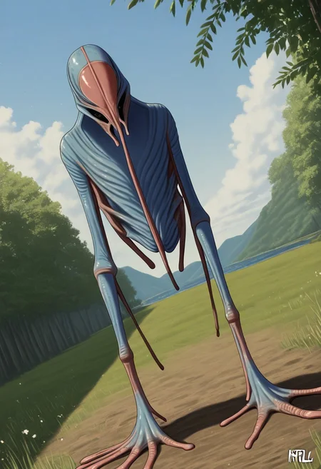 ((Alien humanoid)),
((Alien species)), solo, androgynous, aquatic features 
blue skin, ((webbed hands, skin between fingers)),
((No nose)):1.3, ((nostrils only, nostril slits, vertical nasal slits, narrow nostrils)):1.5, ((narrow eyes)), ((black sclera, black irises)), smooth skin,  pointy ears, small ears, tiny ears, holes in skin, forehead horn, short horn, veiny horn, ((single horn)):1.0, ((4 fingers)), fingernails, thin lips, ((black hair)), ((short hair, spiky hair)), sharp teeth, ((digitigrade legs)), bent legs,
full body shot
ragged clothes, muddy clothes, loincloth, tunic, dirty
Medieval style, fantasy style,
((Variety)):1.2
((dutch angle, 3/4 view))
river background
fully clothed, loose clothing, clean lines, smooth colors, detailed fingers, sfw, source: semi-realistic, rating: pg, score: 8 up, score: 9