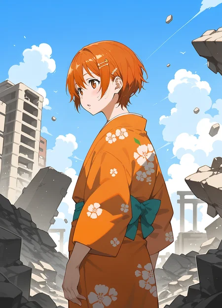 score_9,score_8_up,score_7_up,uncensored,rating_explicit,
1girl,solo,orange eyes,<lora:pony_xl_inami:0.9>,inami,hairclip,bow,orange hair,short hair,(print_kimono:1.3),cowboy shot,outdoors,rubble_ruins,hands on shoulders,