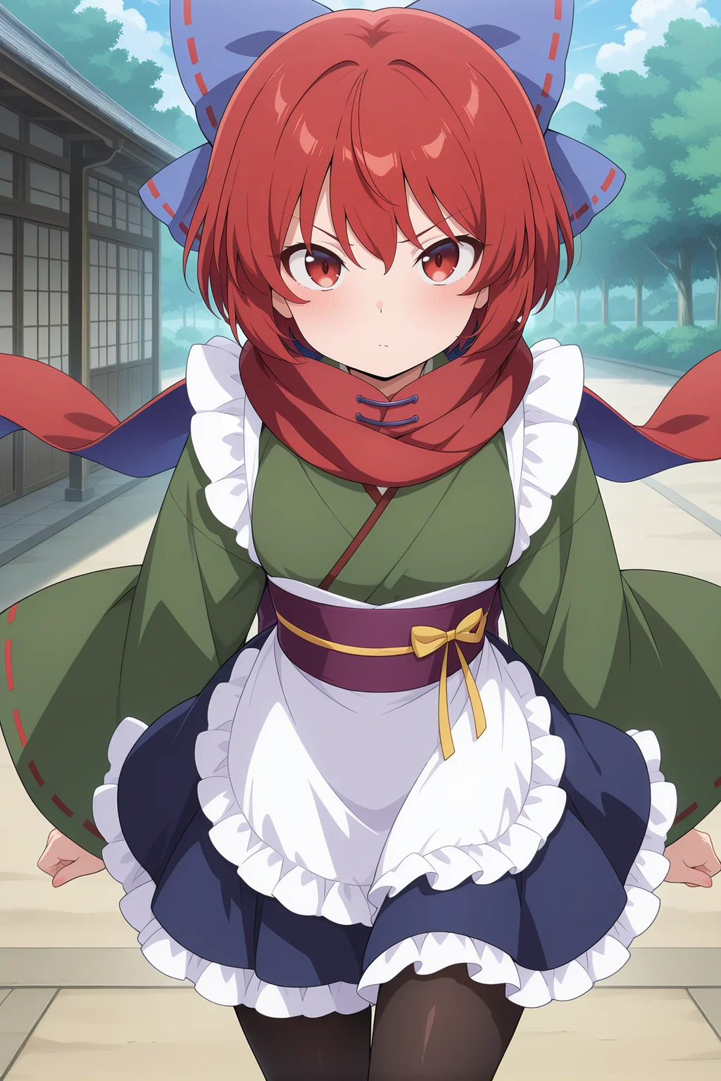 absurdres, highres, masterpiece, best quality, amazing quality, official anime artwork, screencap, anime screencap, outdoors, looking at viewer, dynamic pose,
<lora:Sekibanki_Illustrious:1> sekibanki, 1girl, solo, red eyes, red hair, short hair,, hair bow, blue bow, alternate costume, wa maid, waist apron, white apron, frilled apron, green kimono, long sleeves, wide sleeves, blue skirt, frilled skirt, japanese clothes, black pantyhose, purple sash, ribbon-trimmed sleeves, red scarf,