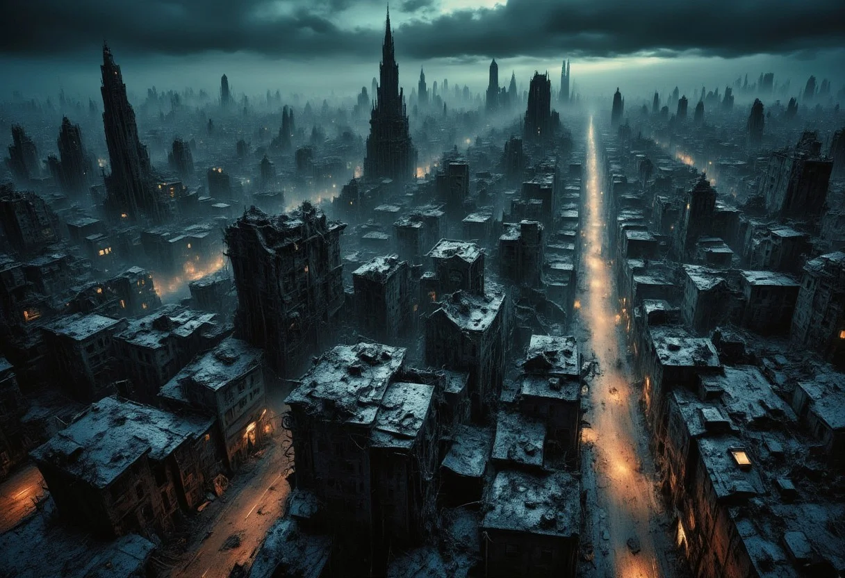 high quality, 8K Ultra HD, a metropolis where elements of nightmarish surrealism converge into a scary, gore, horror scene, Escher's influence is subtly incorporated, transforming the city into an intricate, mind-bending spectacle, Stark contrasts between light and dark enhance the dreamlike quality of the scene, creating an unsettling yet captivating urban horrific dreamscape, photorealistic, ultra realistic,aidmaimageupgrader,