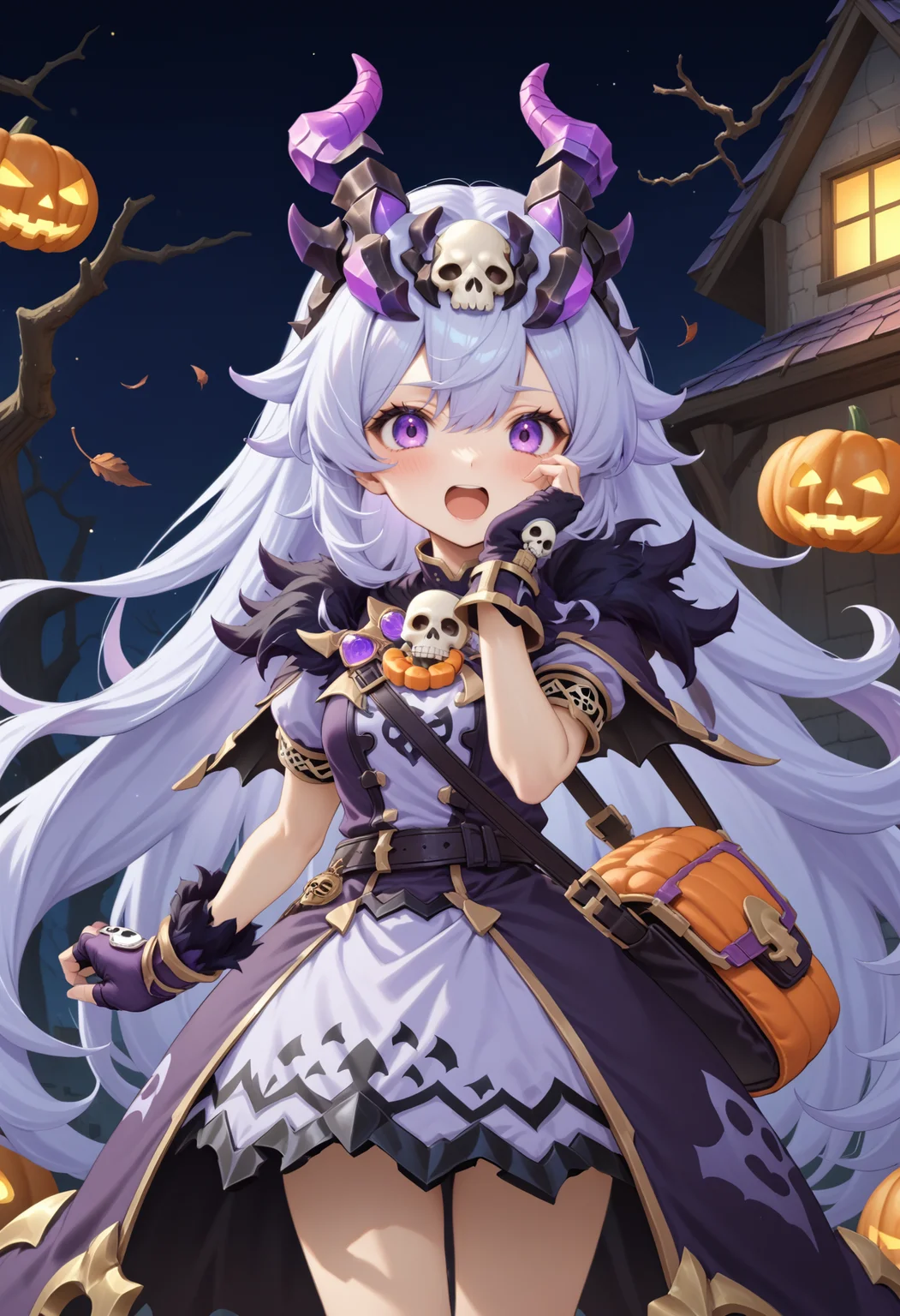 masterpiece, best quality, very aesthetic, absurdres, rom_hela_xl,
1girl, purple hair, horns, purple eyes, open mouth, skull on chest, purple dress, fingerless gloves, saddlebag,
hands on own cheeks, excited, giving trick or treat, candies,
haunted house, withered trees, bats, halloween, pumpkin,
outdoors, (wind, falling withered leaves, light particles:1.4), light rays, tyndall effect, vivid colors, tranquil and magical atmosphere,
shiny skin, beautiful face, beautiful eyes, extreme detailed, official art, professional illustration, hires,
<lora:rom_hela_xl:1>, <lora:aesthetic_anime_v1s:0.5>, <lora:add_details_xl:0.5>