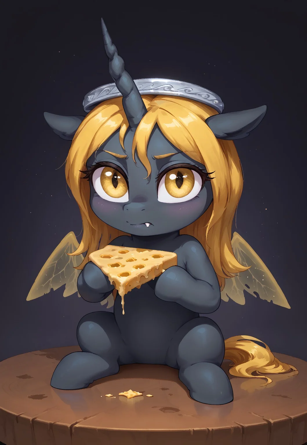 masterpiece, score_9_up, score_8_up, score_7_up, score_6_up, source_pony, (best quality:1.1), ultra-detailed, high resolution, highly detailed macro illustration, solo BREAK 1girl, Oiren, changeling queen oc, mlp, feral, black skin, (yellow mane), (beautiful detailed yellow eyes), long eyelashes, eyebrows, ears, (yellow Insect wings), closed mouth, fang out, single horn, modest silver crown, (cheese, holding cheese:1.3), eating, looking at viewer, (angry expression, cute face:1.2), frown BREAK mikus-concept, full body, cute, chibi BREAK sitting on the table, cheese, dark sky, abstract background BREAK sharp focus, perfect lighting, extremely detailed, tranquil setting, high detail, Expressiveh, detailed background, OverallDetail, zPDXL3