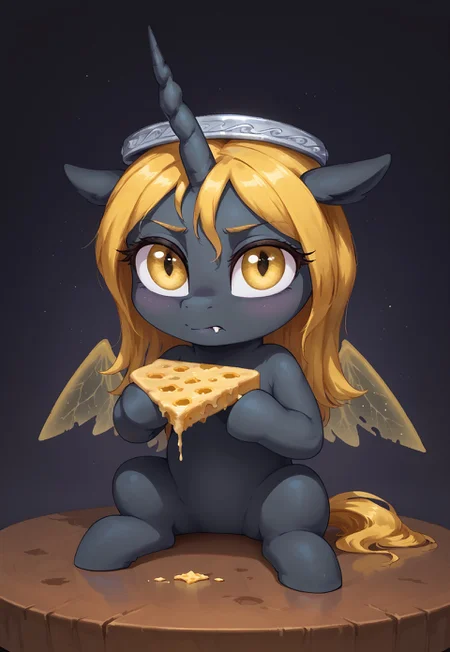 masterpiece, score_9_up, score_8_up, score_7_up, score_6_up, source_pony, (best quality:1.1), ultra-detailed, high resolution, highly detailed macro illustration, solo BREAK 1girl, Oiren, changeling queen oc, mlp, feral, black skin, (yellow mane), (beautiful detailed yellow eyes), long eyelashes, eyebrows, ears, (yellow Insect wings), closed mouth, fang out, single horn, modest silver crown, (cheese, holding cheese:1.3), eating, looking at viewer, (angry expression, cute face:1.2), frown BREAK mikus-concept, full body, cute, chibi BREAK sitting on the table, cheese, dark sky, abstract background BREAK sharp focus, perfect lighting, extremely detailed, tranquil setting, high detail, Expressiveh, detailed background, OverallDetail, zPDXL3