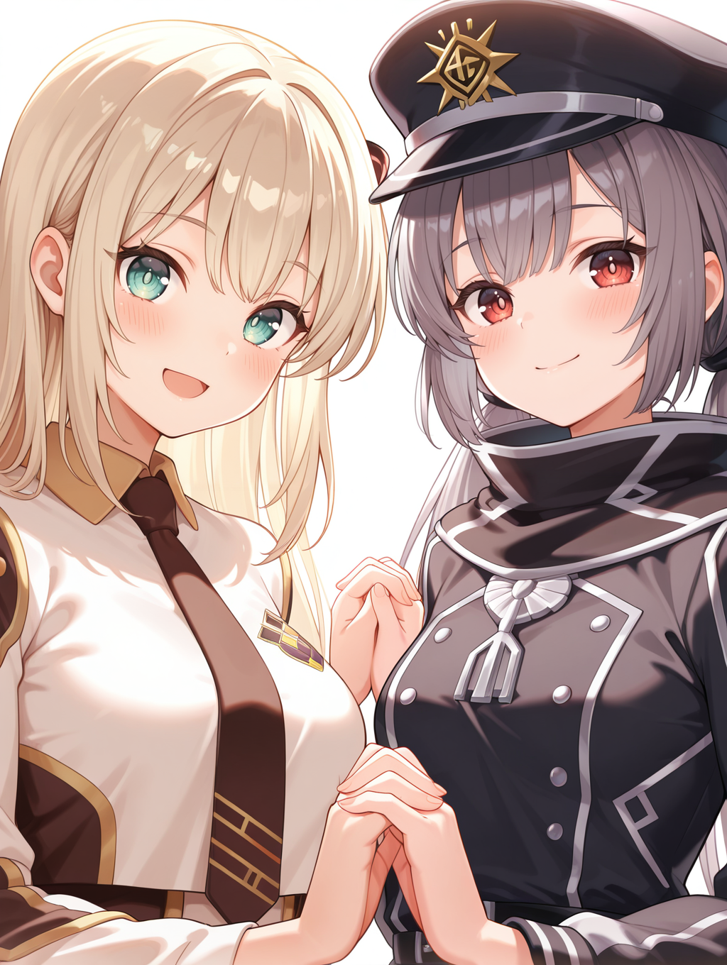 2girls,holding hands,open mouth,looking at viewer,smile,upper body,large breasts,closed mouth,blush,sky striker ace - raye,ordinary uniform,brown hair ornament,white cropped jacket,brown waist cape,white collared dress,brown necktie,sky striker ace - roze,black scarf,black military uniform,bare hands,
masterpiece,best quality,amazing quality,very aesthetic,absurdres,newest,<lora:Sky striker ace - Raye & Roze illusXL v1.1:0.71>,