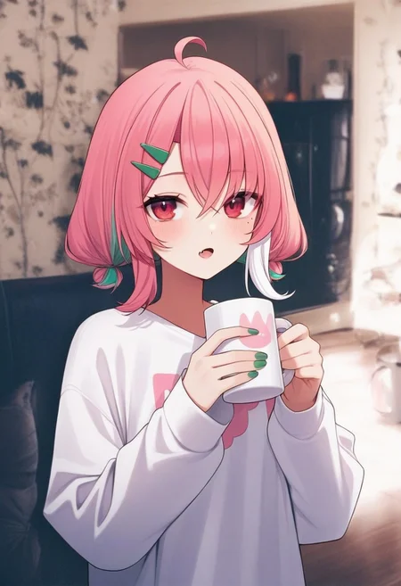 masterpiece,best quality,amazing quality, PHTBG, photo background, 1girl, virtual youtuber, cup, holding, solo, holding cup, hair ornament, green nails, hairclip, mug, bangs, ahoge, hair between eyes, pink hair, parted lips, long sleeves, shirt, multicolored hair, twintails, mole, looking at viewer, red eyes, streaked hair, nail polish, white shirt, mole under eye, low twintails, white hair, indoors, fang
