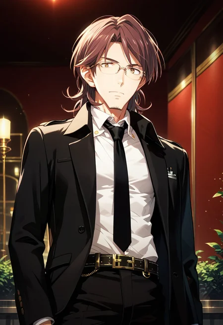 score_9,score_8_up,score_7_up,source_anime, Soichiro Mikuni,solo,1boy,jacket,male focus,necktie,glasses,belt,formal,suit,jacket on shoulders,