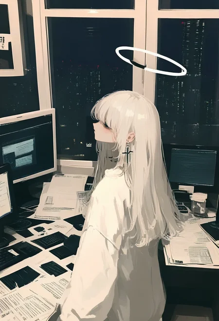 1girl, halo, solo, jewelry, earrings, long hair, window, night, long sleeves, indoors, cross earrings, cross, white hair, upper body, monitor, paper, keyboard \(computer\), computer, building <lora:748cmXL_NBVP1_lokr_V6311P:0.95>