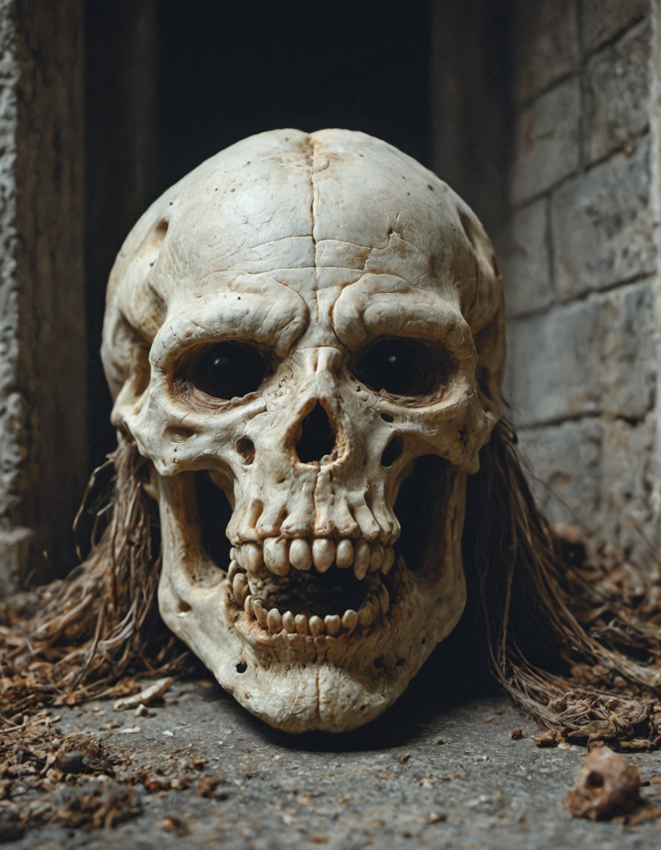 Hieronymus Bosch style a fantastical creature that merges the macabre with the mystical. It resembles a humanoid  skull, <lora:EldritchCandids1.1.2:0.4> <lora:real_dream_pony_realistic_lora_3:0.4> <lora:MJ52:0.3> <lora:FF.101.juggernautXL_version6Rundiffusion.LORA:0.4> <lora:JuggerCineXL2:0.3> . Surrealist, detailed, religious, narrative, "realistic