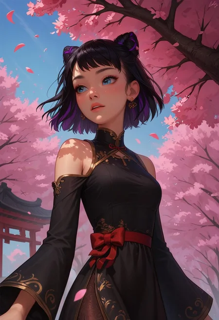 score_9_up, score_8_up, score_7_up, score_6_up, 1girl, 25 years old, perfect face, cute, petite, 
blue eyes, 
multicolored hair, two-tone hair, black purple hair, cone hair bun, earings, 
asian dress, brown dress, black dress, off shoulder, turtleneck, red bow, 
cowboy shot, dynamic pose, dynamic angle, 
day, blue sky, cherry blossoms, falling petals, outdoors, spring (season), wind,