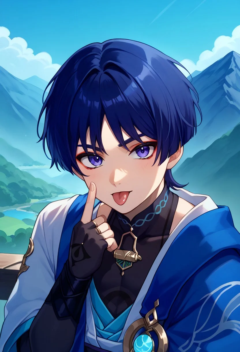 score_9, score_8_up, score_7_up, source_anime, highly detailed,
scaramou,1boy, male focus, solo, indigo hair, short hair, bangs, purple eyes, red eyeshadow,, japanese clothes, mandarin collar, shirt, black shirt, sleeveless, vest, blue vest, open vest, cape, blue cape, elbow gloves, black gloves, fingerless gloves, akanbe, tongue out, eyelid pull, finger to eyelid, looking at viewer,
outdoor, mountains,