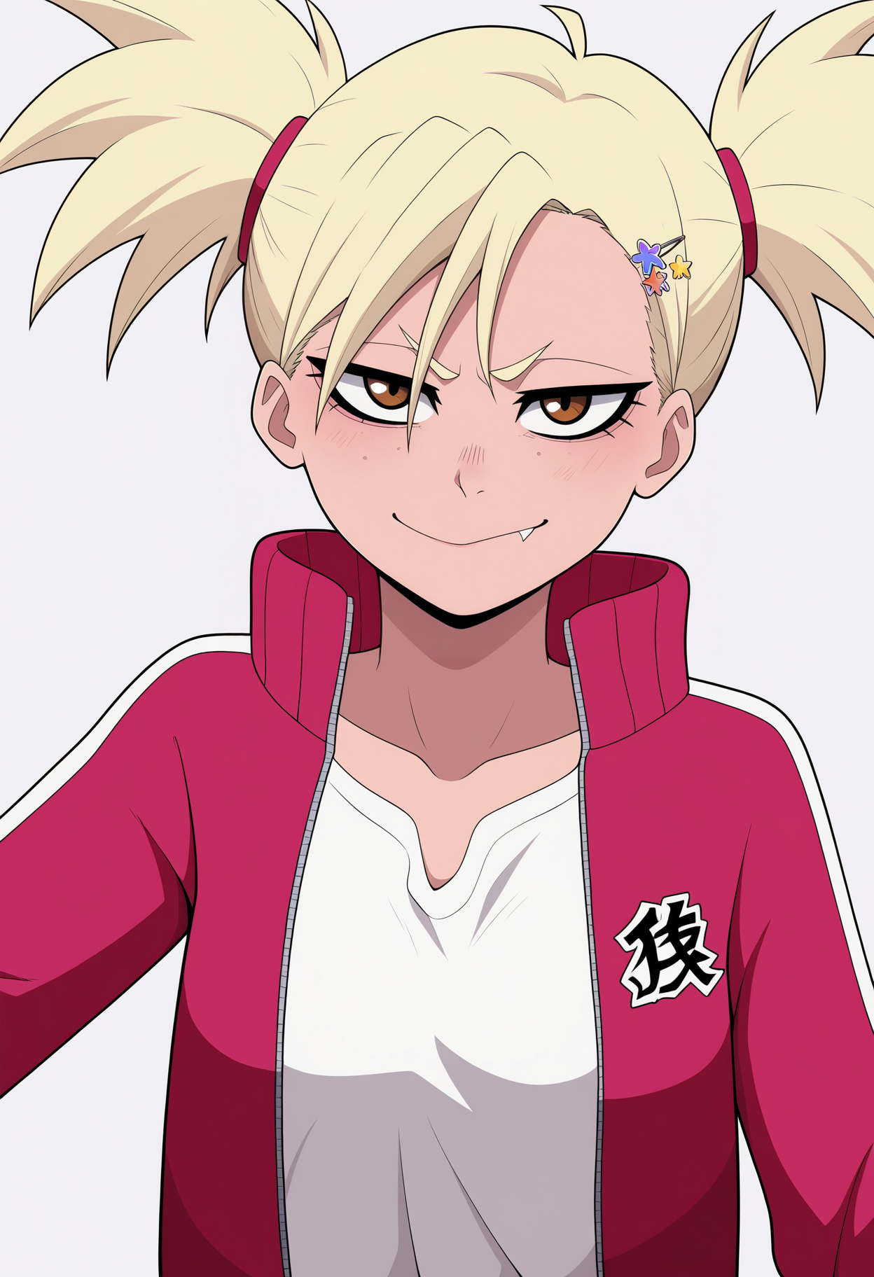 best quality, amazing quality, very aesthetic, absurdres,
BREAK
1girl, sarugaki hiyori, blonde hair, short twintails, brown eyes, freckles, hairclip,
fang,
red track jacket, open clothes, white shirt,
upper body,
smile, looking at viewer, solo, simple background, white background, <lora:HiyoriSarugakiNoobXL_byKonan:1>