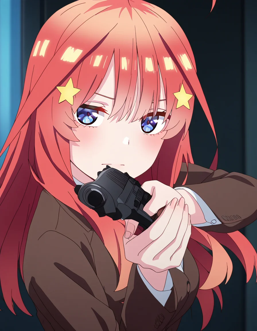 masterpiece, best quality, newest, absurdres, highres, safe,, <lora:itsuki-nakano-s2-ponyxl-lora-nochekaiser:1>, itsuki nakano, bangs, long hair, blue eyes, hair between eyes, ahoge, red hair, star (symbol), hair ornament, star hair ornament, large breasts, anime screencap, <lora:center-axis-relock-stance-illustriousxl-lora-nochekaiser:1>, center axis relock stance, looking at viewer, holding, closed mouth, weapon, holding weapon, gun, holding gun, handgun, aiming, finger on trigger, aiming at viewer, m1911,, ,