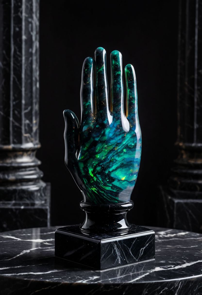 Fujifilm XT3, Sony A7 IV, (award winning photography) a (black: 0.89) marble (real Human hand: 1.35) made of opal (Kintsugi: 0.89) set on a pedestal in temple, glistening. in the background beautiful pillars, divine (iridescent: 0.79), opalescent textures, volumetric light, ethereal, sparkling, studio photo, highly detailed, sharp focus (highest quality: 1.39) (highest coherency: 1.39) (award winning photography), highly detailed photography, (muted colors, cinematic, dim colors, soothing tones:1.2), vibrant, insanely detailed, hyperdetailed, (dark shot:1.2), (vsco:0.3), (intricate details:0.9), (hdr, hyperdetailed:1.2) (vignette), sss, raw photo, fijifilm, kodak, cinematic film grain