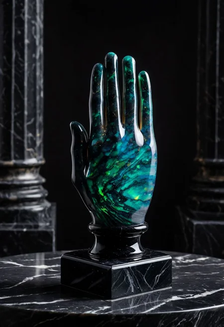 Fujifilm XT3, Sony A7 IV, (award winning photography) a (black: 0.89) marble (real Human hand: 1.35) made of opal (Kintsugi: 0.89) set on a pedestal in temple, glistening. in the background beautiful pillars, divine (iridescent: 0.79), opalescent textures, volumetric light, ethereal, sparkling, studio photo, highly detailed, sharp focus (highest quality: 1.39) (highest coherency: 1.39) (award winning photography), highly detailed photography, (muted colors, cinematic, dim colors, soothing tones:1.2), vibrant, insanely detailed, hyperdetailed, (dark shot:1.2), (vsco:0.3), (intricate details:0.9), (hdr, hyperdetailed:1.2) (vignette), sss, raw photo, fijifilm, kodak, cinematic film grain
