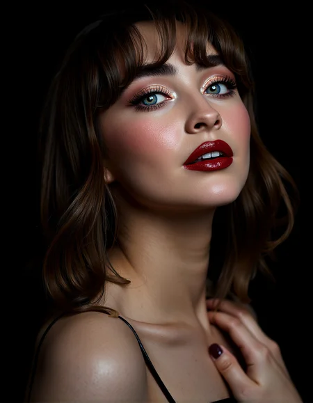 A photorealistic close-up of sabcarp, woman’s face, partially illuminated by a single, soft light source. Her pale skin contrasts sharply with the deep shadows surrounding her. Her hair is wavy brown, with bangs, revealing perfectly arched eyebrows. Her eyes, wide and strikingly blue, are framed by long, dark lashes. Her lips are painted a bold red, adding a touch of glamour to the otherwise stark image. The background is a deep black, making her face the sole focal point. She is wearing an outfit with wide neckline
Aesthetics include Micro-Detail Skin Texturing, Reflective Eye Highlights,Smooth Transition of Light and Shadow, Refined Eye Makeup with Gradient Shadows.
subtle backlighting to highlight the edges of the hair and shoulders, giving the subject a glowing outline against the darker background. glimmering specular highlights on the lips and eyes, catching the light in precise spots to enhance their wet, glossy appearance. a few soft hair strands gently framing the face, with natural movement and flow, adding depth and dimension to the hairstyle.
One hand resting lightly on her shoulder, head tilted back.