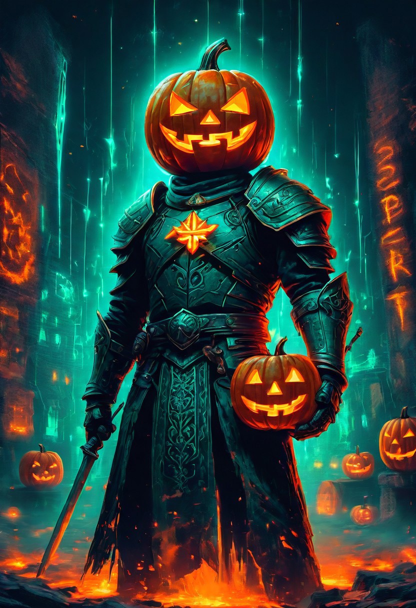 a Halloween theme, Horror Theme, a Hessian Knight holding a Jack-o’-Lantern,  Neon Graffiti, Pixel Art, Luminescence, RGB Lighting, Low Angle, Orange Color, Teal Color, Prism Effect, Ceramic, Supernatural, By Garald Brom,