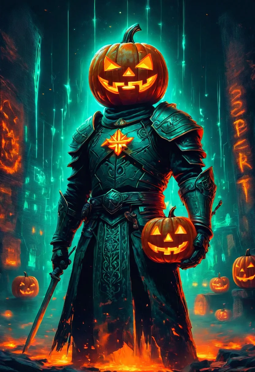 a Halloween theme, Horror Theme, a Hessian Knight holding a Jack-o’-Lantern, Neon Graffiti, Pixel Art, Luminescence, RGB Lighting, Low Angle, Orange Color, Teal Color, Prism Effect, Ceramic, Supernatural, By Garald Brom,