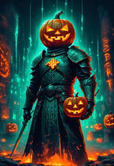 a Halloween theme, Horror Theme, a Hessian Knight holding a Jack-o’-Lantern,  Neon Graffiti, Pixel Art, Luminescence, RGB Lighting, Low Angle, Orange Color, Teal Color, Prism Effect, Ceramic, Supernatural, By Garald Brom,