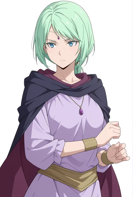 Smooth Quality,masterpiece,very intricate, high quality details, ultra realistic, high detailed skin,detailed enviorement,absurdres,
simple background, white background,solo,
front view,dancing, 
aroused,
 <lora:Mjurran_cnn:0.7> mjurrancnn,1girl, short hair, green hair, blue eyes, frown,necklace, forehead jewel,low ponytail, dress, cape, wristband,