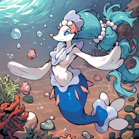 <lora:PDXLPrimarinaConcept:0.7>  primarina, mermaid tail,  score_9, score_8_up, score_7_up, score_6_up, score_5_up, score_4_up, source_furry,  rating_questionable, white body, pink nose, blue eyes, no pupils, breasts, seashell bra, pokemon,  water, swimming, sea, underwater