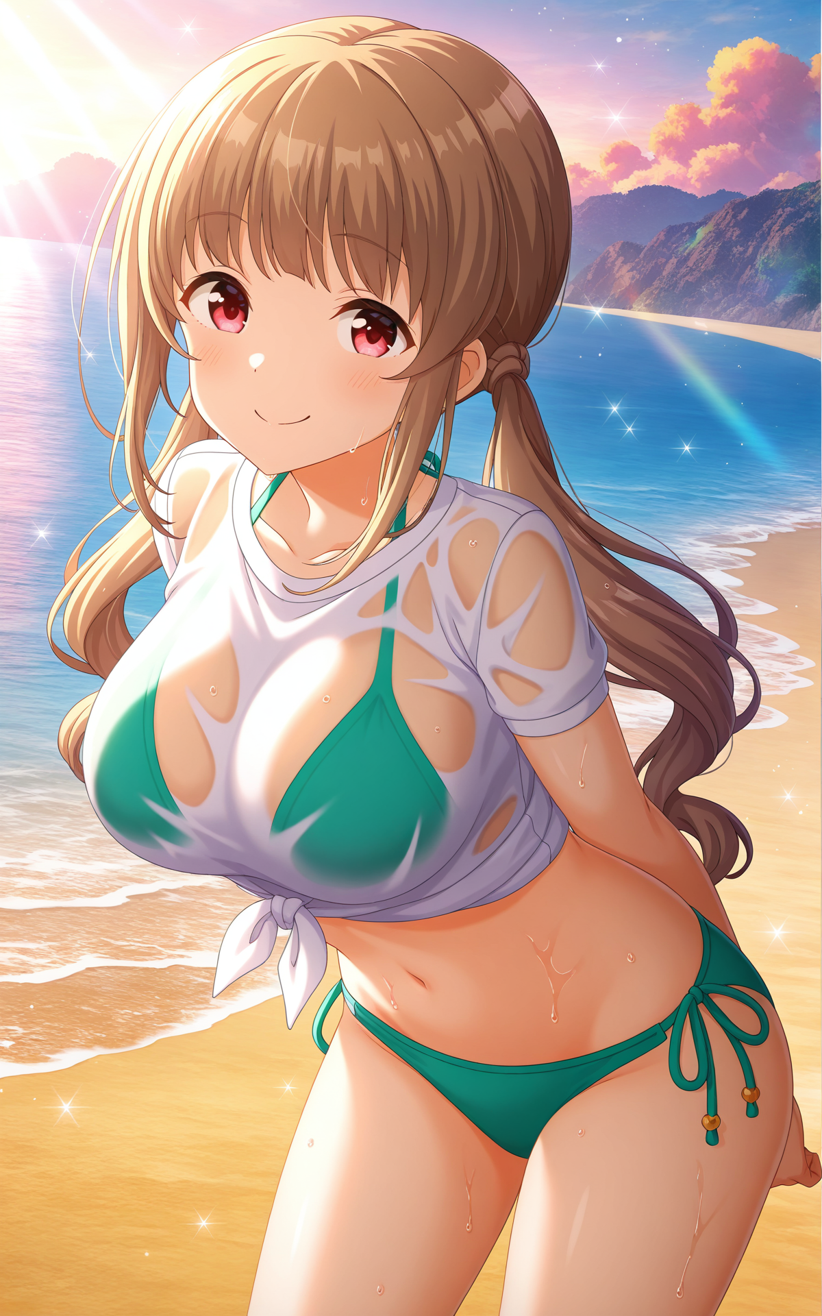masterpiece, best quality, good quality, newest,4k, perfect lighting, cinematic, very aesthetic, official art, anime screencap, anime coloring,
1girl,solo,natsumi,brown hair,long hair,twintails,red eyes,large breasts,wet,wet shirt,tied shirt,midriff,green bikini top visible through clothes, side-tie bikini bottom,thighs,
arms behind back,leaning forward,standing,smug,smirk,looking at viewer,beach,sunlight,BREAK
<lora:ILnatsumi:0.9>