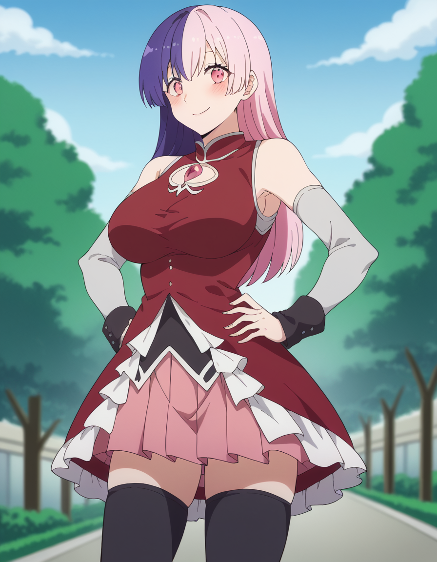 score_9, score_8_up, score_7_up, source_anime, <lora:nagomi-s1-ponyxl-lora-nochekaiser:1>, nagomi, long hair, bangs, purple hair, pink hair, multicolored hair, pink eyes, two-tone hair, split-color hair, large breasts, mature female,, <lora:sakura-kyoko-cosplay-ponyxl-lora-nochekaiser:1>, sakura kyoko cosplay, sakura kyoko (cosplay), black thighhighs, cosplay, detached sleeves, dress, frilled dress, frills, long sleeves, magical girl, miniskirt, pleated skirt, red dress, red skirt, sideboob, skirt, skirt under dress, sleeveless, sleeveless dress, thighhighs, zettai ryouiki,, streets, outdoors, smile, blush, hands on own hips,, cowboy shot, looking at viewer,, , dutch angle, cowboy shot
