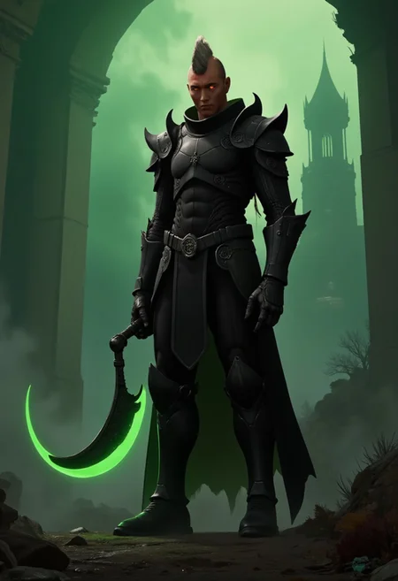 civitametapunk, hyper realistic and highly detailed, highly dynamic cinematic medium full shot view, an atmospheric and powerful dark fantasy, natural organic and impressionist classical-style painting of a horrifying towering chaos knight all dressed in black,he has a spiky desing or mohawk on the top of his head and the sides of his haistyle is short and neat, obsidian black armor, glowing red eyes, holding a glowing ghostly scythe, from below angle, menacing, atmospheric haze, motion blur, depth of field, cinematic, panoramic action movie full shot, panoramic full shot, Leather Brown hue and vibrant Midnight Green tint , cyberpunk, anime