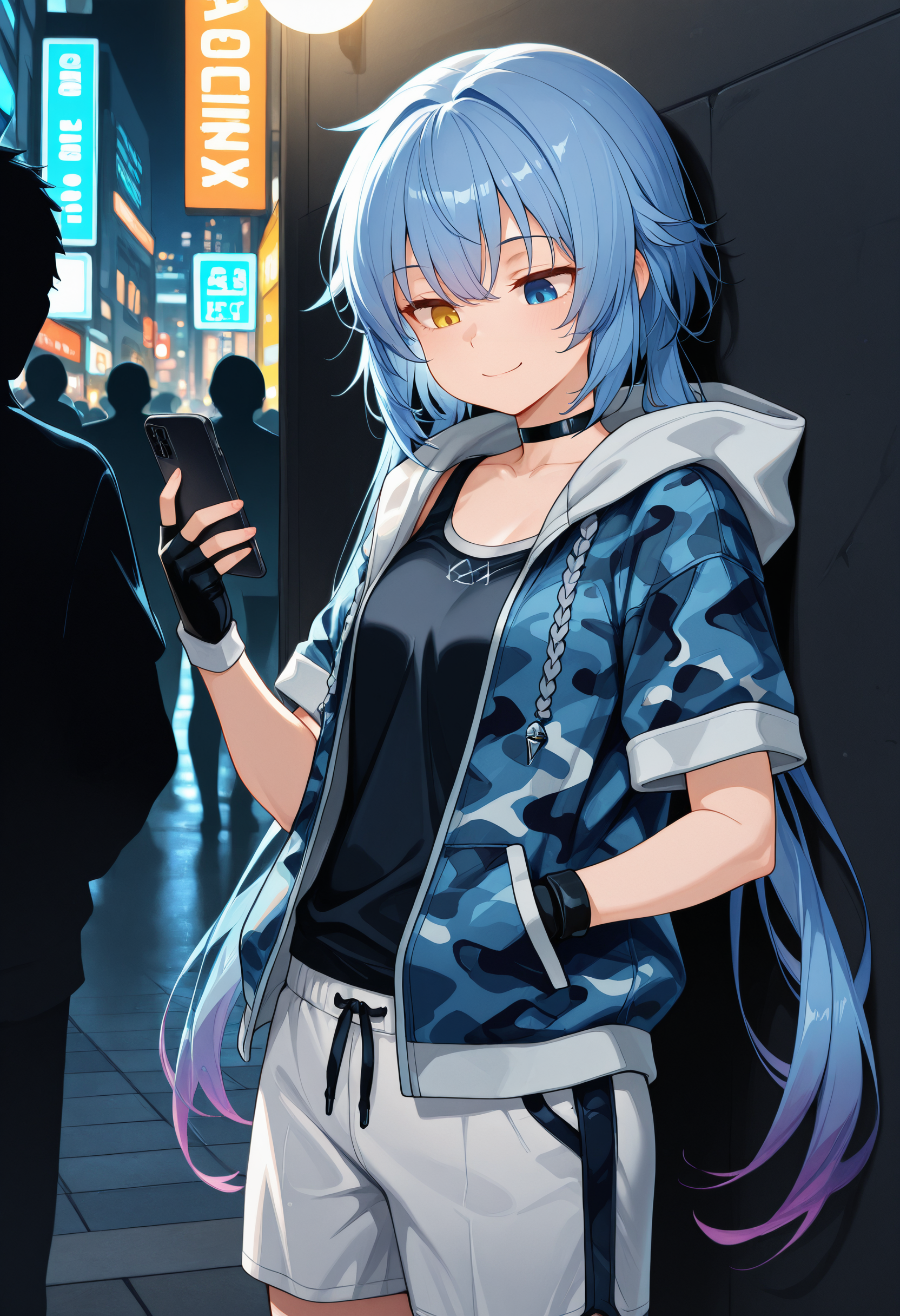 masterpiece, best quality, amazing quality,  <lora:illuSPP-1e21:0.9> 1girl, solo, SPP-1GFL, long hair, blue hair, low twintails, gradient hair, blue eyes, heterochromia, yellow eye, black choker, blue hooded jacket, camouflaged jacket, loose black tank top, short sleeves, smile, white-[black] swim trunks, black fingerless gloves, pointing at viewer, hand in pocket, holding phone, looking down at phone, city street background, silhouette crowd in background, cowboy shot, bored expression, night, bright lights, back against wall,