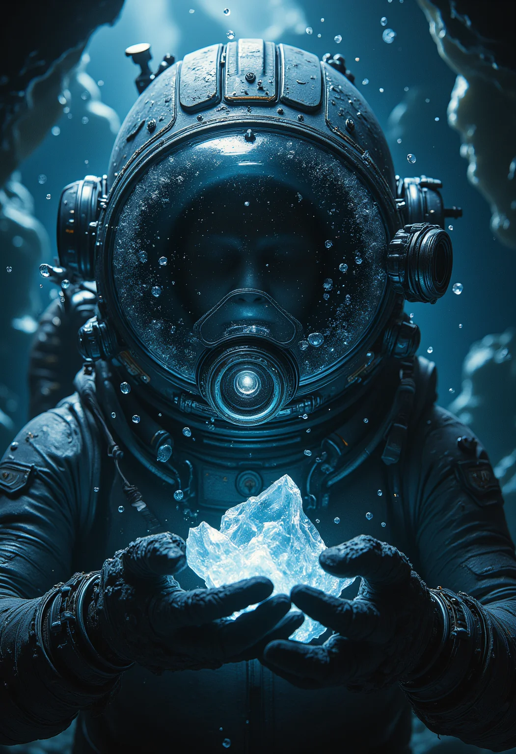 A hyper-realistic depiction of a deep-sea diver exploring the depths of an abyssal rift. The diver's suit, modeled after advanced deep-sea technology, is a rugged, high-pressure exosuit with thick, reinforced plating. The helmet's large, round visor reflects the faint bioluminescent glow of alien marine life surrounding them. The visor glass, slightly fogged and streaked with condensation, reveals the diver’s focused eyes lit by the soft glow of their HUD display.
Lighting and Atmosphere: The scene is lit by dim, scattered beams from the diver’s headlamp, cutting through the murky darkness of the ocean. Tiny, glowing plankton particles drift through the water, creating a sense of depth and mystery. In the distance, faint outlines of colossal, ancient structures loom, partially obscured by swirling underwater currents.
Surface Details: The suit's surface is scratched and weathered, with small patches of algae and barnacles clinging to the metal. Air bubbles rise slowly, adding motion to the stillness of the abyss. The diver’s gloves grasp a glowing relic—a crystalline artifact—its eerie blue light illuminating the immediate area.
Mood and Composition: The composition emphasizes the diver’s isolation, with a wide-angle perspective showcasing the vast, alien abyss around them. The silence of the deep ocean is almost tangible, broken only by the faint hum of equipment and the diver’s breathing. This immersive, cinematic shot captures the wonder and danger of exploring the unknown. aidmaMJ6.1 ral-watce