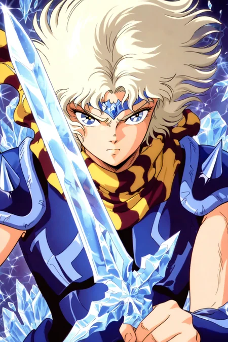 masterpiece, best quality, amazing quality, very aesthetic, absurdres, newest, zodikki1, kurumada hair, kurumada eyes,ceodorff4tay, 1boy, short hair, sleeveless, circlet, patterned scarf, spiked pauldrons, blue armor, blue vambraces, close up, looking at viewer, holding crystal sword, reflective weapon, crystalized background, serious, pale blonde hair
