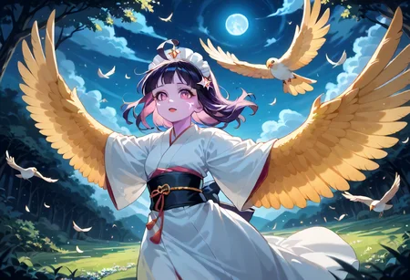 best resolution,score_9,score_8_up,score_7_up,score_6_up,score_8,score_7,score_6,best quality,masterpiece,source_anime,1girl,solo,kawaii,cute,winged_arms,A majestic harpy with dark feathers and glowing red eyes,wearing black japanese kimono,flying soaring through a stormy night sky.moonlight, starlight, firelight,wise,moonlit night sky,wind,cowboy shot,focus on face,dynamic shot, Expressiveh,eyesHD,high gradient eyes,detailed eyes,high definition eyes, <lora:Eyes_High_Definition:0.25> <lora:Expressive_H:0.75> <lora:winged_arm_style:0.85>
