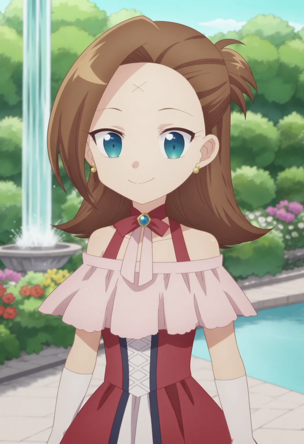 score_9, score_8_up, score_7_up, score_6_up, score_5_up, score_4_up , anime coloring ,BREAK source_anime, anime,screencap,
1girl, solo,  katc, forehead mark, redoutfit, off-shoulder dress,  yellow earrings, white gloves, red dress,<lora:PonyXL Young Catarina V2:1>
outdoors, garden, bushes, flowers, detailed background, fountain,  upper body
smile, looking at viewer,