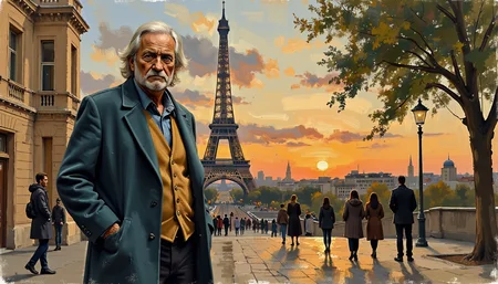Clip L sketch painting, mvpstrCE style,A digital illustration shoot from a front camera angle about an elderly man standing in front of the iconic Eiffel Tower during sunset. the image also shows a serene atmosphere with warm colors and a sense of tranquility. on the middle of the image, an older man with white hair and a beard, who appears to be in his late 60s, stands with his hands in his pockets, wearing a teal coat over a yellow vest and black pants. he has a serious expression and is looking directly at the viewer. the man is standing on a cobblestone street in Paris, with a few other people walking in the background. the eiffel tower is visible in the distance, with its distinctive lattice structure and ornate architecture. the sky is a mix of warm oranges and pinks, with the sun setting behind it, casting a golden glow over the scene.  1girl, solo, long hair, looking at viewer, shirt, white hair, long sleeves, 1boy, closed mouth, standing, male focus, pants, collared shirt, outdoors, glasses, sky, coat, tree, black footwear, black pants, coat over one eye, beard, colored skin, hand in pocket, yellow vest, black coat, open coat, cityscape, lamppost, blue coat, crowd, hand on own hip  camera_angle: front, art_style: digital illustration, location: paris, background: A vibrant sunset with clouds and buildings, text: NA, distance_to_camera: full body, clothing: blue blazer, image_composition: middle, pants: black trousers, accessory: glasses, shoes: black shoes, action: standing with hands in pockets, facing_direction: facing viewer, facial_expression: serious, gender: 1man, eye_color: unknown, hair_colored, race: NA;NA, body: slim Movie Poster Title "Ollama in Comfy UI" A man stands in front of a famous landmark, dressed casually yet with an air of wisdom. His thoughtful pose suggests he might be reflecting on his life or the world around him. The cityscape behind him is bathed in warm tones, evoking a sense of nostalgia and tranquility. T5XXLsketch painting, mvpstrCE style,A digital illustration shoot from a front camera angle about an elderly man standing in front of the iconic Eiffel Tower during sunset. the image also shows a serene atmosphere with warm colors and a sense of tranquility. on the middle of the image, an older man with white hair and a beard, who appears to be in his late 60s, stands with his hands in his pockets, wearing a teal coat over a yellow vest and black pants. he has a serious expression and is looking directly at the viewer. the man is standing on a cobblestone street in Paris, with a few other people walking in the background. the eiffel tower is visible in the distance, with its distinctive lattice structure and ornate architecture. the sky is a mix of warm oranges and pinks, with the sun setting behind it, casting a golden glow over the scene.  1girl, solo, long hair, looking at viewer, shirt, white hair, long sleeves, 1boy, closed mouth, standing, male focus, pants, collared shirt, outdoors, glasses, sky, coat, tree, black footwear, black pants, coat over one eye, beard, colored skin, hand in pocket, yellow vest, black coat, open coat, cityscape, lamppost, blue coat, crowd, hand on own hip  camera_angle: front, art_style: digital illustration, location: paris, background: A vibrant sunset with clouds and buildings, text: NA, distance_to_camera: full body, clothing: blue blazer, image_composition: middle, pants: black trousers, accessory: glasses, shoes: black shoes, action: standing with hands in pockets, facing_direction: facing viewer, facial_expression: serious, gender: 1man, eye_color: unknown, hair_colored, race: NA;NA, body: slim A man stands on a cobblestone street at dusk. He is wearing a peacoat and has gray hair. The Eiffel Tower looms in the background with lights twinkling. There are other people walking on the sidewalk, suggesting a lively urban environment. Buildings line the street, and trees flank the scene. The overall atmosphere is serene yet bustling, as if it's a typical evening in Paris.