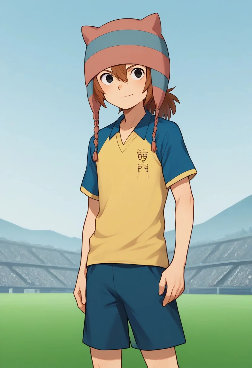 score_9, score_8_up, score_7_up, source_anime, highly detailed,
matsuno, 1boy, male focus, solo, brown hair, ponytail, black eyes, hat, animal hat, sportwear, raimon, soccer uniform, raimon soccer uniform, shirt, raglan sleeves, blue shirt, yellow shirt, short sleeves, shorts, blue shorts, smile,
outdoor,