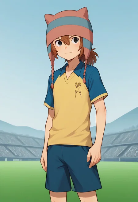 score_9, score_8_up, score_7_up, source_anime, highly detailed,
matsuno, 1boy, male focus, solo, brown hair, ponytail, black eyes, hat, animal hat, sportwear, raimon, soccer uniform, raimon soccer uniform, shirt, raglan sleeves, blue shirt, yellow shirt, short sleeves, shorts, blue shorts, smile,
outdoor,