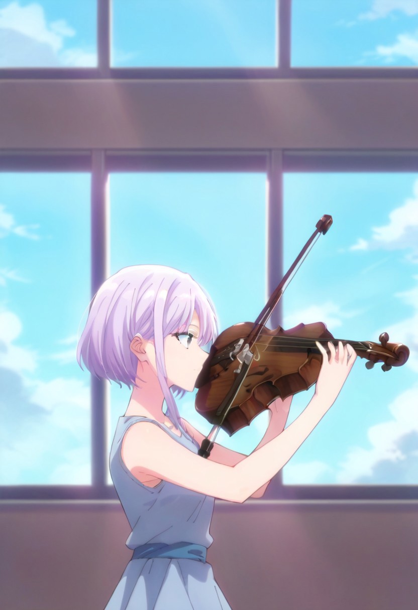 score_9, score_8_up, score_7_up, source_anime, amasawakyou, playing instrument, holding instrument, violin, window, hands up, profile, cloud, blue sky, shiny hair, anime coloring