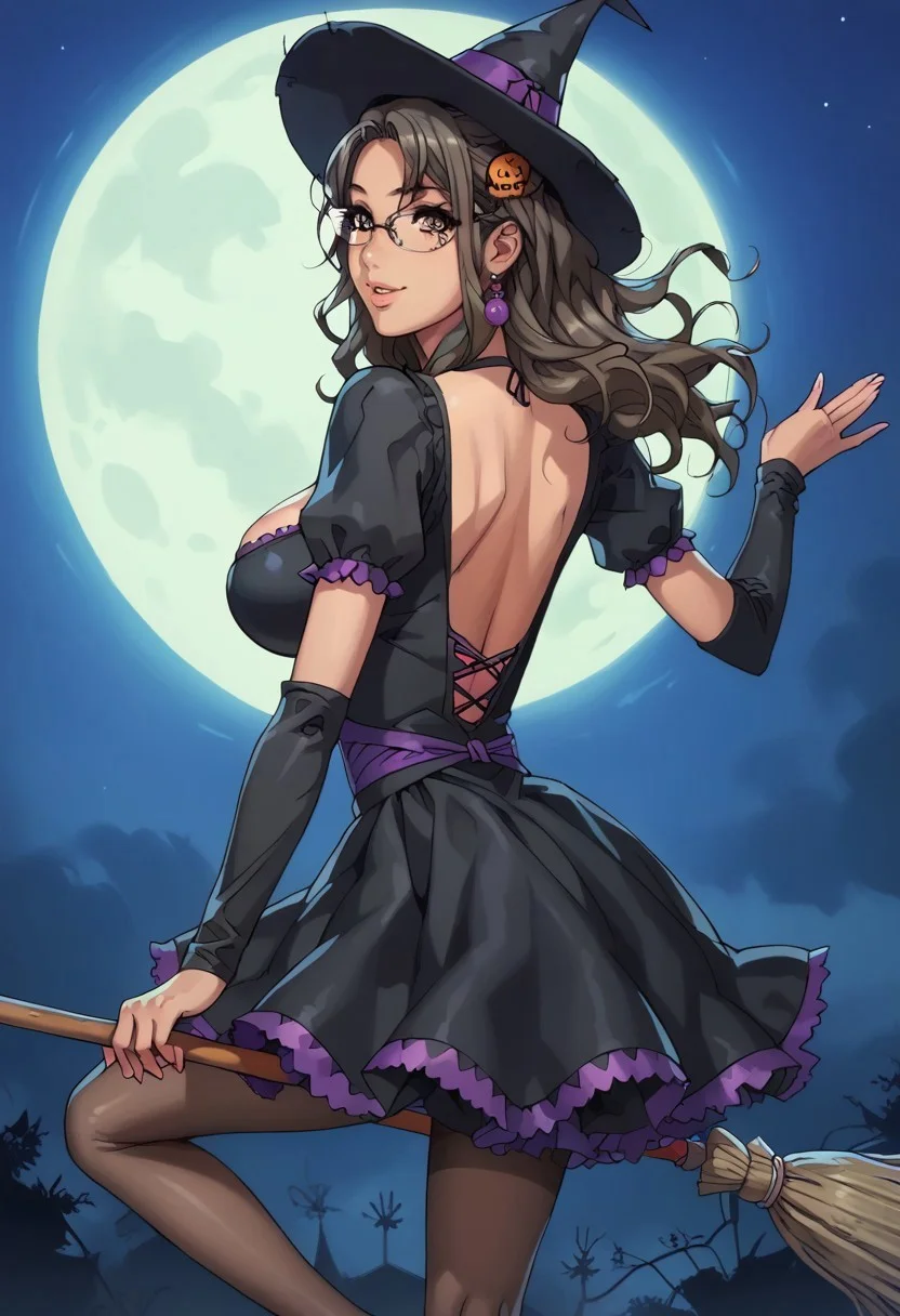 safe_pos, score_9, score_8_up, score_7_up, Expressiveh, g0thicPXL, high quality, back view, view from behind, butt focus, looking back, hud_br00m, 1girl, solo, broom, jyojifuku, witch, dress, sleeves, pantyhose,hat, broom riding, halloween night, moon, flying, wind blowing hair, 18 year old, 1girl, (pouty lips), bimbo lips, riofutaba, rio futaba, long hair, brown hair, brown eyes, large breasts, hair ornament, glasses, solo, cute, glamor, sexy pose, flirty, skindentation, smile,