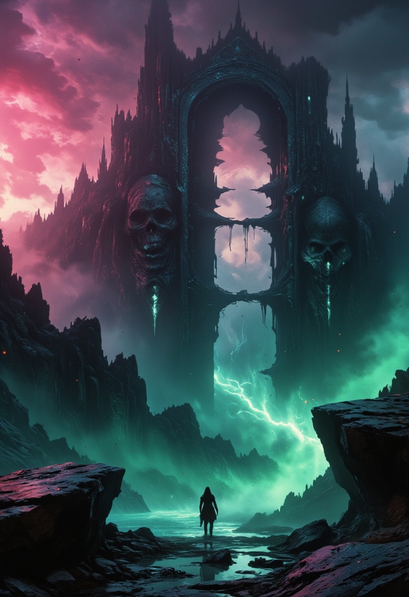 In a haunting landscape, a massive, ghostly gate looms in the background, its inner form eerily resembling a skull. The scene is shrouded in oppressive darkness, illuminated by sickly neon hues of pink, green, and blue, casting unsettling shadows over the terrain.
In the foreground, a colorful abyss of clay floats, bowing toward the viewer, while two dark, towering modern-medieval clay towers stand side by side, stretching into the high clouds. Their design incorporates sharp modern elements and jagged windows, connected by a precarious bridge that sways in the eerie atmosphere.
The air is thick with tension, as dark energy crackles ominously from the depths of the landscape, hinting at the horrors lurking just beyond the skull gate.
