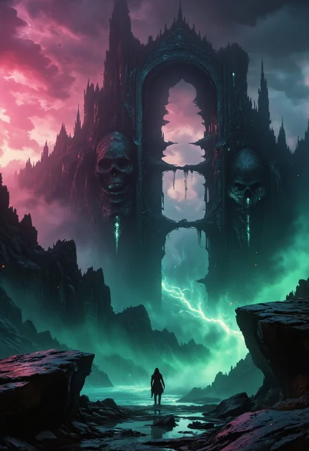 In a haunting landscape, a massive, ghostly gate looms in the background, its inner form eerily resembling a skull. The scene is shrouded in oppressive darkness, illuminated by sickly neon hues of pink, green, and blue, casting unsettling shadows over the terrain.
In the foreground, a colorful abyss of clay floats, bowing toward the viewer, while two dark, towering modern-medieval clay towers stand side by side, stretching into the high clouds. Their design incorporates sharp modern elements and jagged windows, connected by a precarious bridge that sways in the eerie atmosphere.
The air is thick with tension, as dark energy crackles ominously from the depths of the landscape, hinting at the horrors lurking just beyond the skull gate.