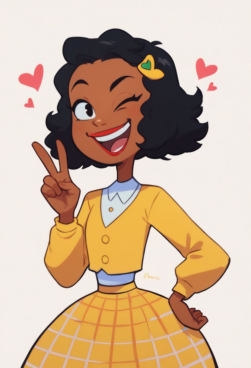 score_9, score_8_up, score_7_up, 1girl, solo, Ashley B RC, cute, smile, smug grin, open mouth, half open eyes, cute squint, black eyes, dark skin, black hair, yellow hair ornament, red lipstick, yellow sweater, white under shirt, plaid yellow skirt, narrow waist, wide hips, flat chest, upper body, standing, looking at viewer, white background, simple background, heart, one hand up, v, hand on hip, wink, flat color, highres, high quality, masterpiece,