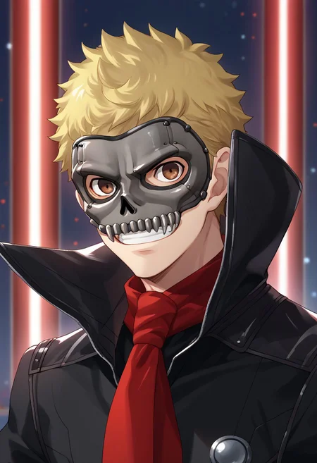 score_9, score_7_up, source_anime
ryuji, 1boy, male focus solo, brown eyes, blonde hair, short hair, skull outfit, mask, skull mask, jacket, black jacket, high collar, leather jacket, leather, scarf, red scarf, grin, upper body,
indoor, darkness, dark, lights, red lights,