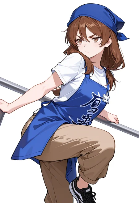 masterpiece,high quality details, absurdres,
<lora:Natsuno_Yamada:0.8>
natsuno_cnr, 1girl, brown hair, long hair, hair between eyes, brown eyes, thick eyebrows,low-tied long hair,
employee uniform, white shirt, short sleeves,blue apron,brown pants, blue headwear,black sneakers, clothes writing,, simple background, white background, dutch angle,solo,, lonely,angry,, natural movement,arm draped over backrest,one foot up,