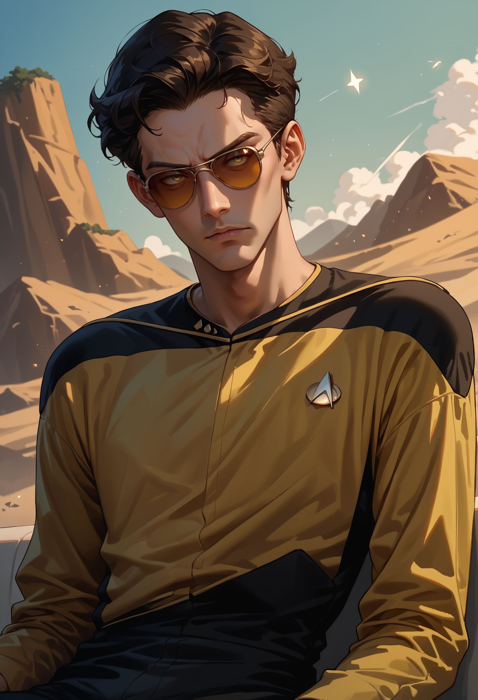 score_9, score_8_up, score_7_up, score_6_up, score_5_up, score_4_up, 1boy, solo, sunglasses, beer
(sttng1,star trek yellow uniform,black shoulders,black pants,long sleeves),collarbone
,<lora:TNGS1-000030>