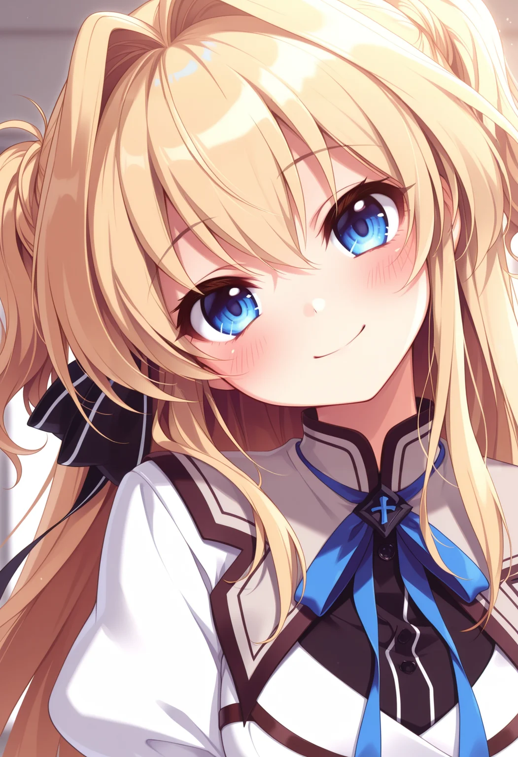 (best quality , masterpiece, good quality), sfw, general, 1girl, solo, msairi, blonde hair, blue eyes, two side up, hair intakes, ribbon, hair ribbon, school uniform, upper body, close-up, looking at viewer, head tilt, blush, smile, <lora:ms-airi-v2_ilxl:1>,