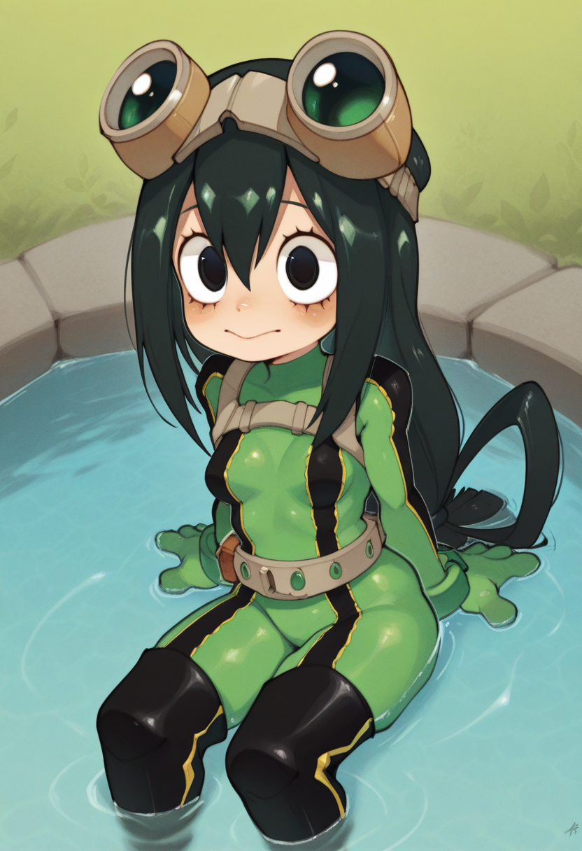 04N1M3R3style, masterpiece, best quality, solo,                                                                              Tsuyu Asui,  textured, sitting in water, water pond,  sultry, big eyes, black hair, GREEN BODYSUIT, GOGGLES, small breasts,ird, wide eyes,