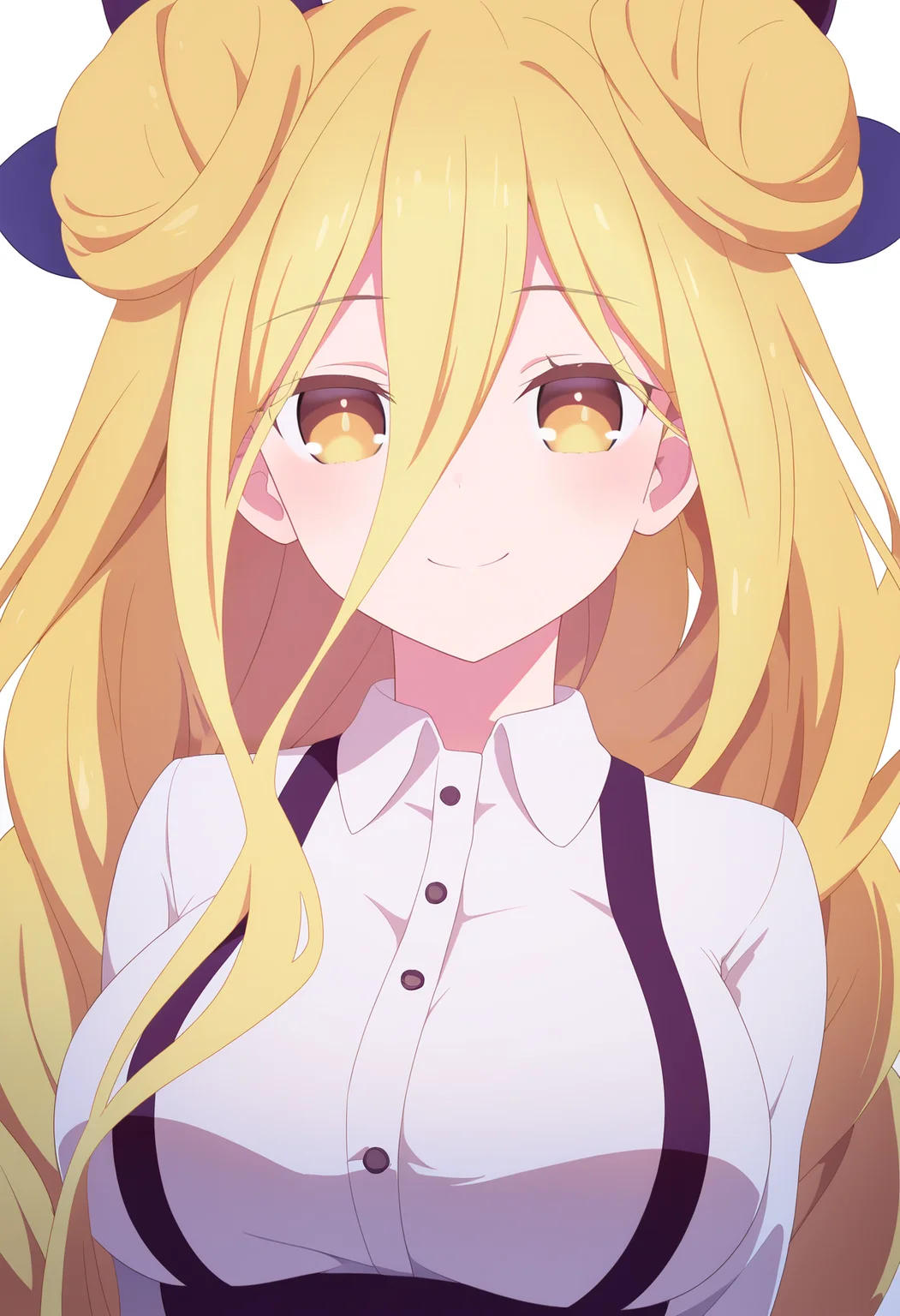 masterpiece, best quality, very aesthetic, absurdres,
1girl, mukurohoshimiya, single braid, blonde hair, very long hair, double hair bun, hair between eyes, yellow eyes, bangs, hair bow,
collared shirt, white shirt,
upper body,
smile, solo, looking at viewer, simple background, white background, <lora:MukuroHoshimiyaNoobXL_byKonan:1>